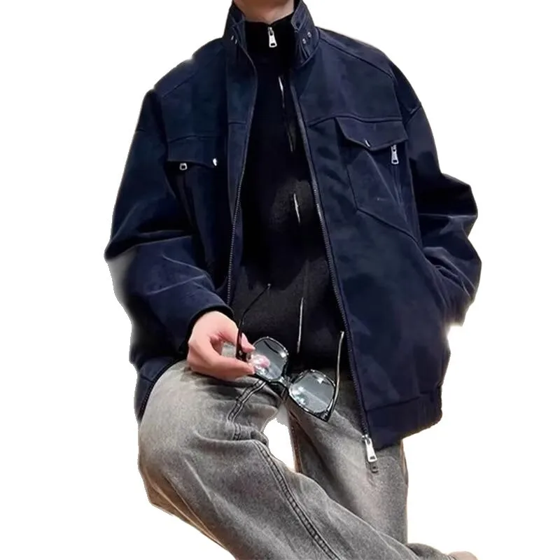 

American Sle 2025 New PU Leather Jaet Stand Collar Men's Small Design Sense Loose Outerwear Top Cotton Blend Fabric