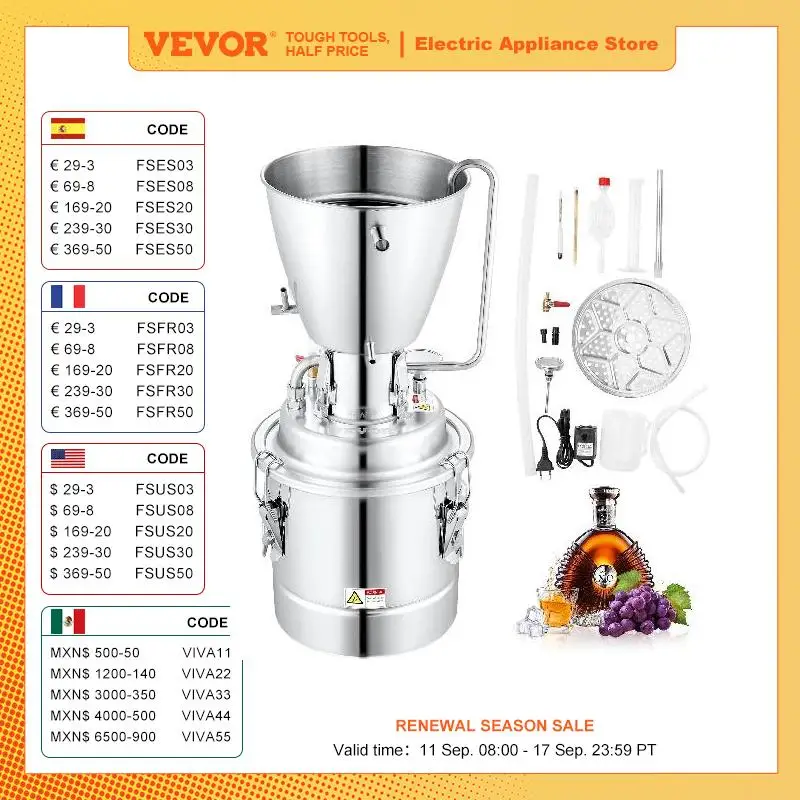 VEVOR 10/50L Alcohol Distiller Alcohol Still with 304 Stainless Steel Tube Brewing Kit for Home Distillery Whisky Wine Brandy