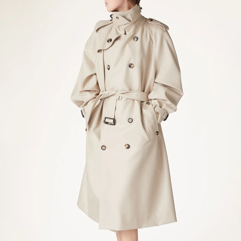 Tailored Beige Women's Trench Coat – British Fashion Double-Breasted Long Waist-Cinching Cotton-Polyester Windbreaker