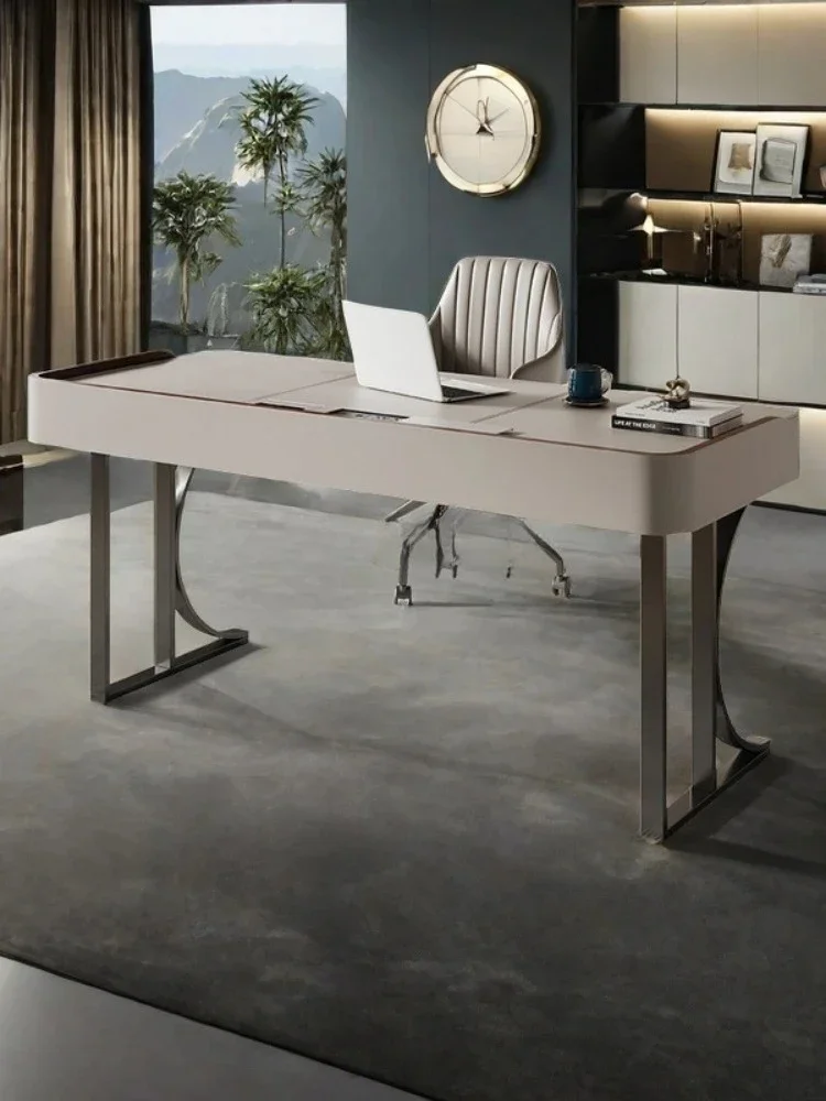Light luxury modern simple saddle leather solid wood Italian high-end desk study bedroom writing desk computer table