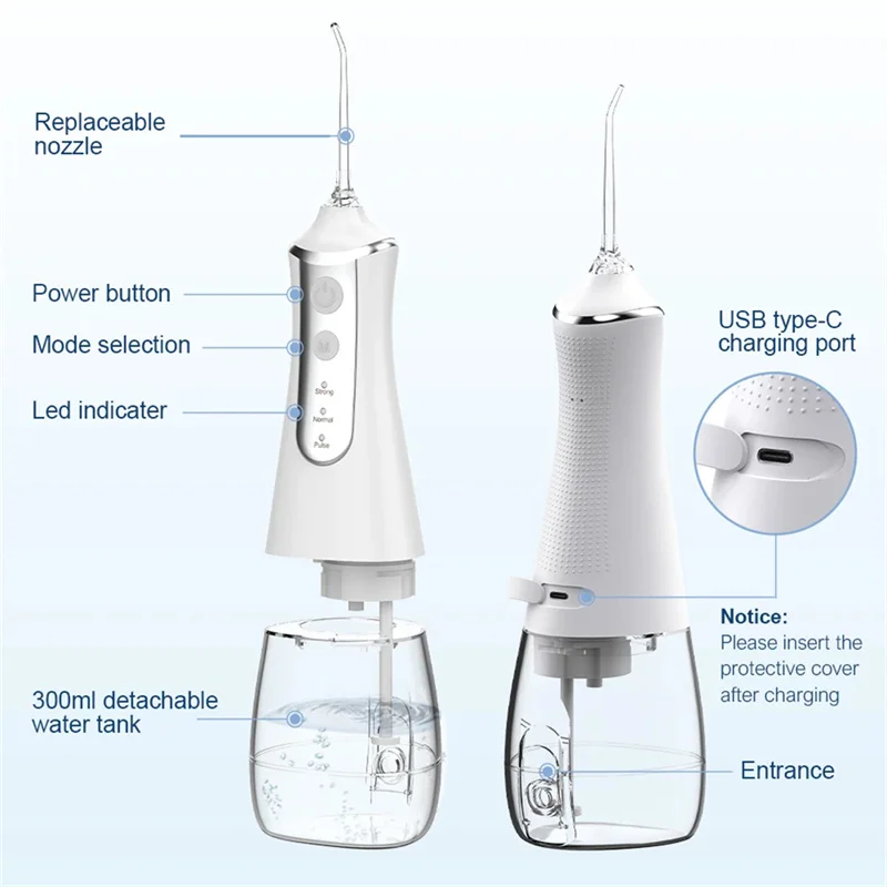 Irrigador bucal Dental, máquina de lavado bucal con hilo Dental, 5 boquillas, 3 modalità, ricaricabile tramite USB, tanque de 300ml