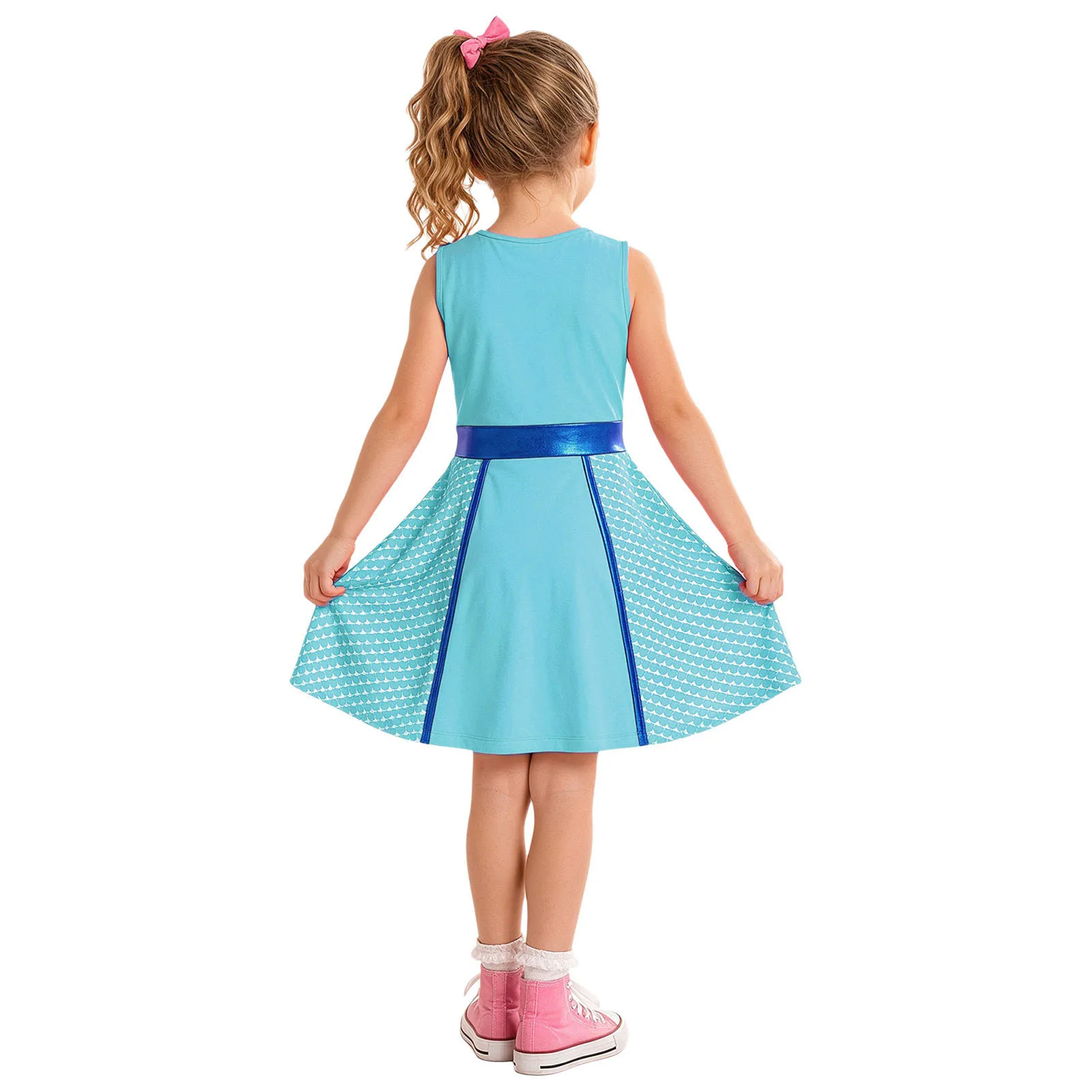 Girls Halloween Movie Character Dress Up Costume Sleeveless Metallic Waist Cute Cat Printed Dress Birthday Party Cosplay Outfits
