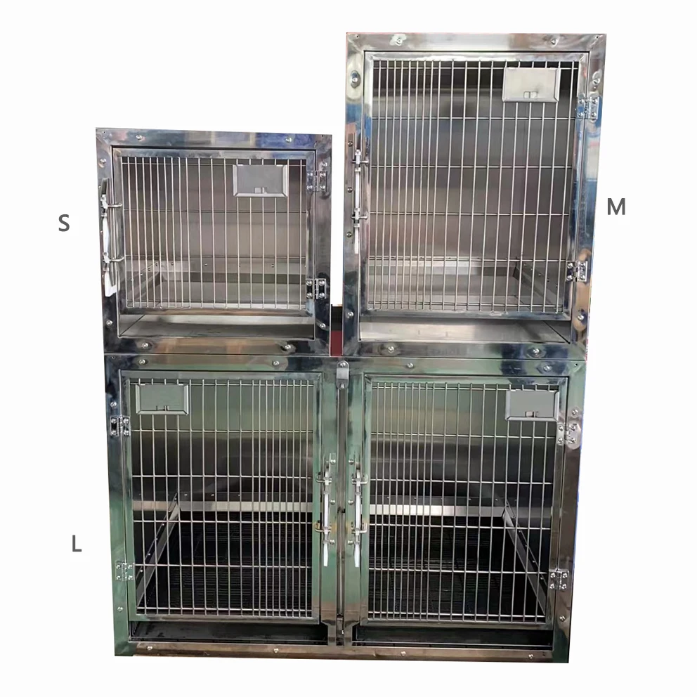 High Quality Double Deck Veterinary Hospital Cage 4-Door Combination Stainless Steel Button Animal Stylish High Quality