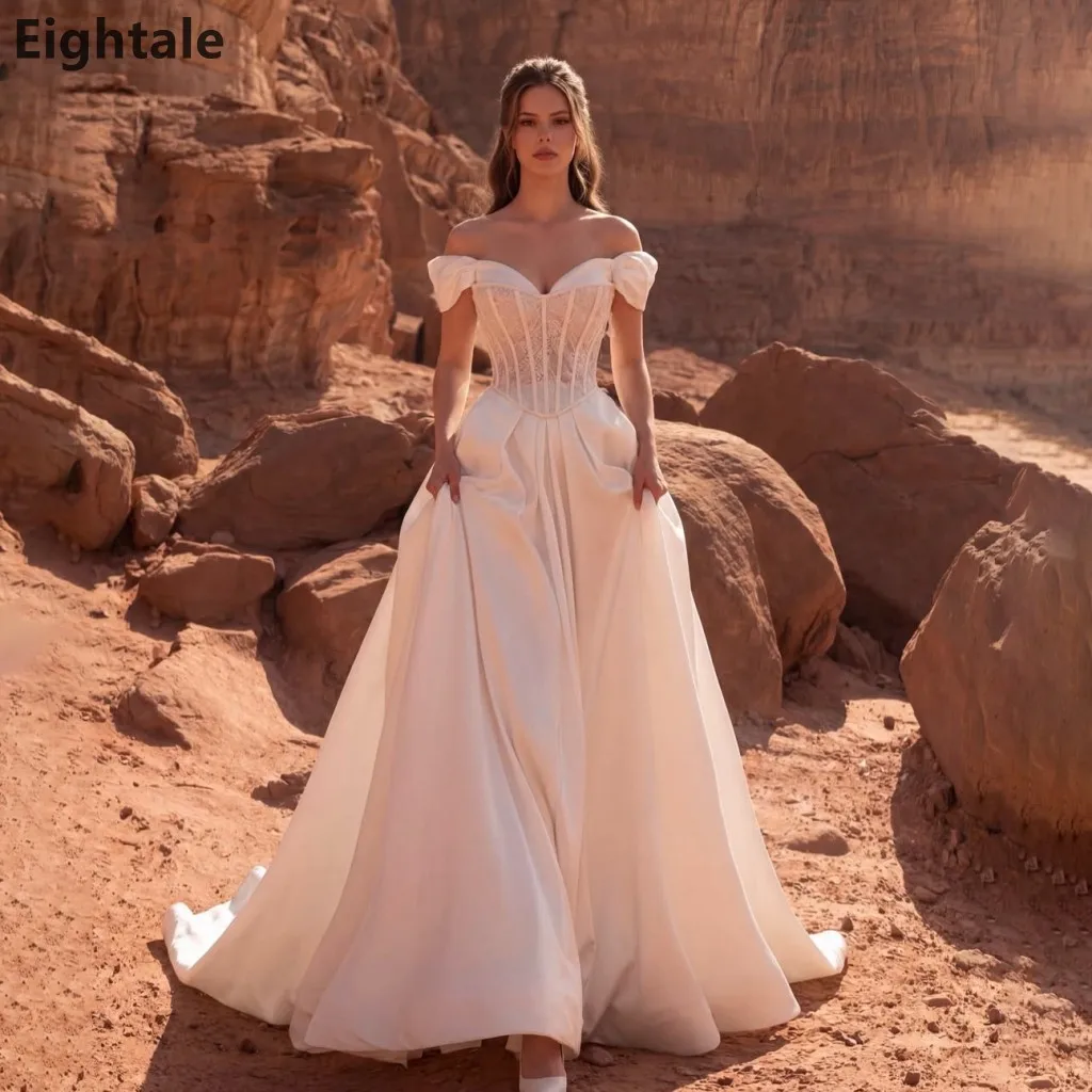 Eightale 2026 Elegant Satin A Line Ivory Off Shoulder Lace Bodice Wedding Dresses Bridal Gowns Robe De Mariage Customized