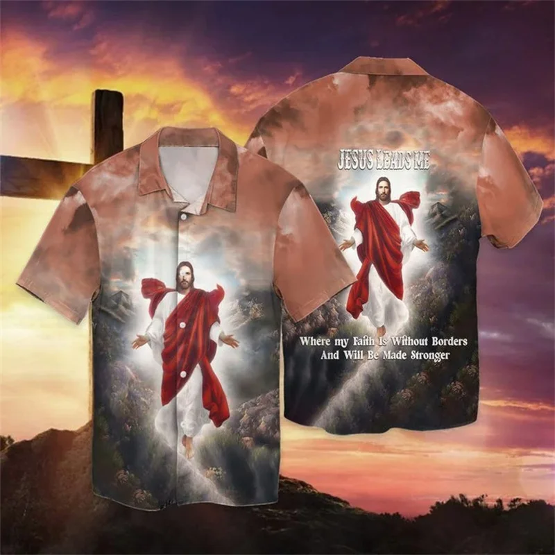 Nowy letni 3D chrześcijański Jesus koszule z nadrukiem dzieci moda Streetwear bluzki męskie fajne hawajskie koszule ubrania Vintage