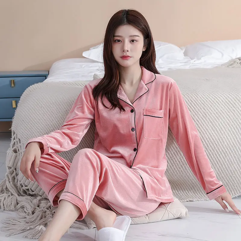 GoldenVelvet Pajamas Spring Autumn High-end Foreign Style Women's Long-sleeved Trousers Young Beautiful Go Out Loungewear Winter