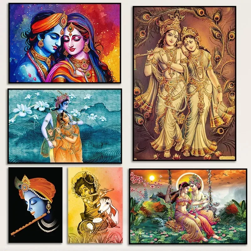 Minimalist Indian Hindu Couple Radha and Krishna Lord Art Poster Canvas Painting Wall Prints Picture for Living Room Home Decor