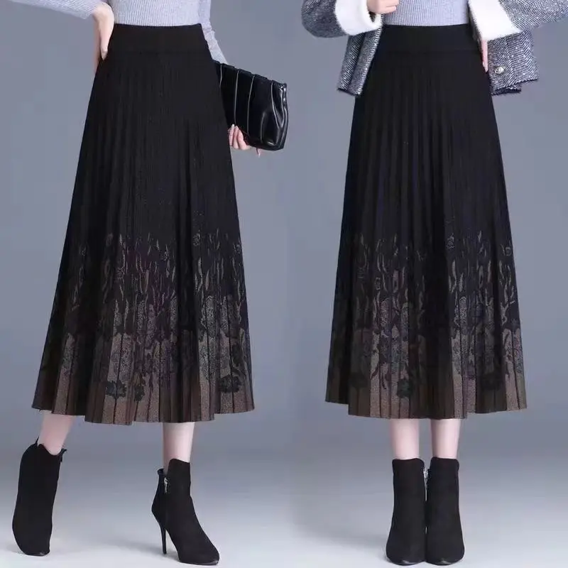 2023 New Autumn and Winter Knitted Woolen Skirt Elegance Fashion Versatile Mid Length High Waist A-line Skirt Pleated Half Skirt