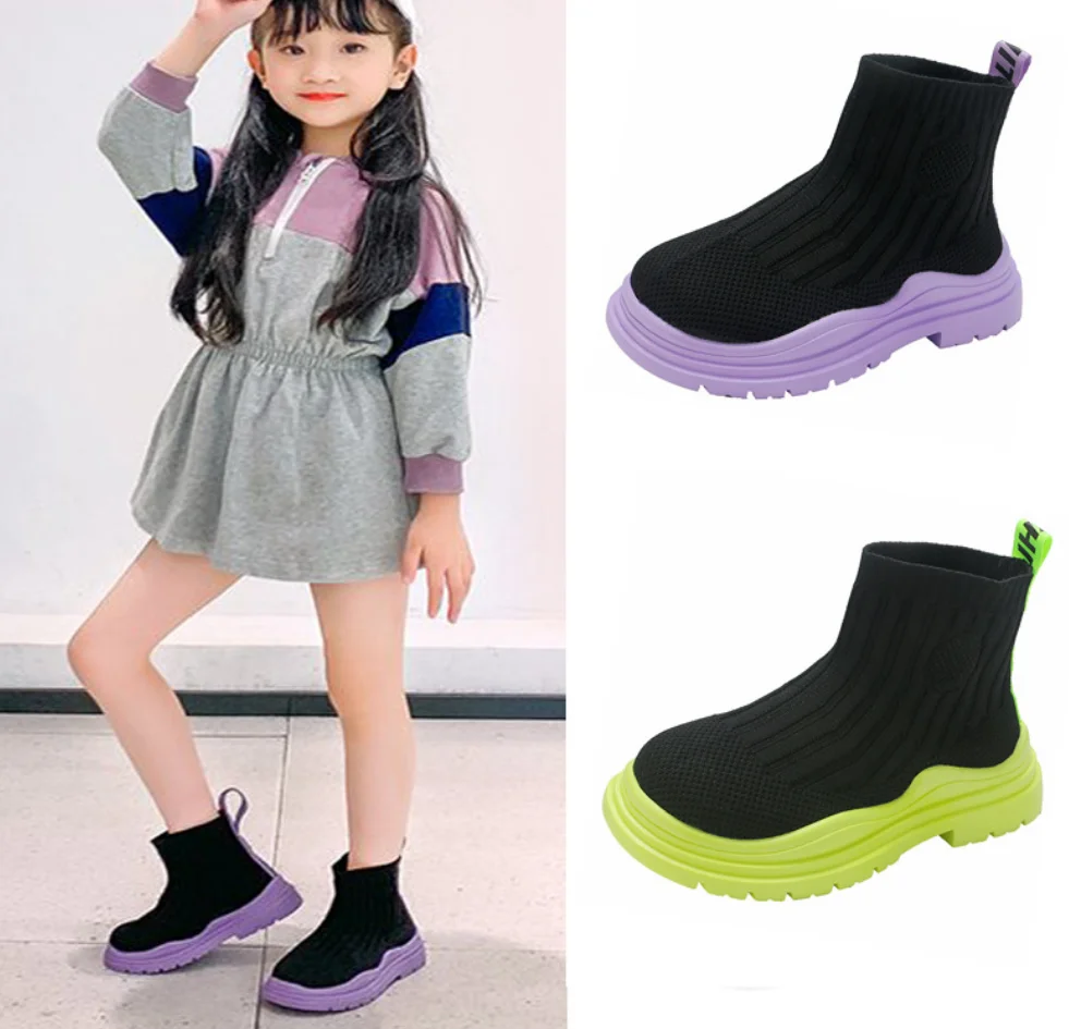 

Girls Sneakers Elastic Knitting Socks Boots 2025 Spring High-top Shoes Breathable Mesh Running Shoes Children's Sports Booties