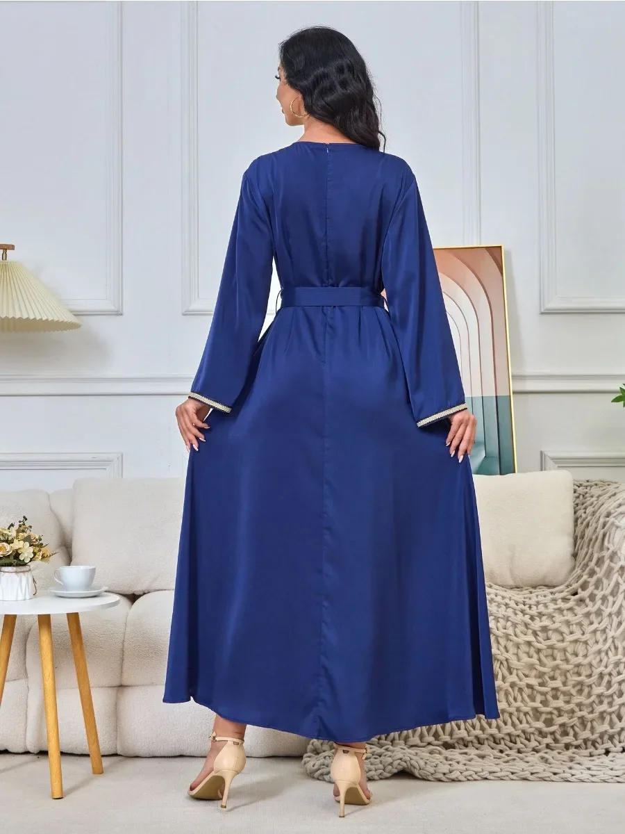 Embroidery Muslim Party Dress Women Abaya Eid Ramadan Vestidos Largos Dubai Robe Jalabiya Long Dress Belt Morocco Kaftan 2024