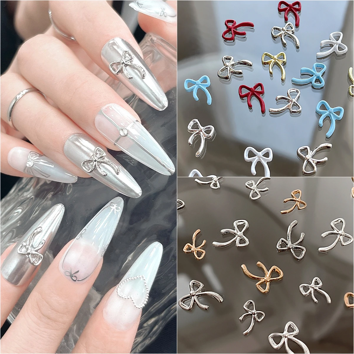 

10Pcs Colored Gold Silver Alloy Bowknot Luxury Nail Art Jewelry Decorations Delicate Metal Manicure Charms Accessories Wholesale