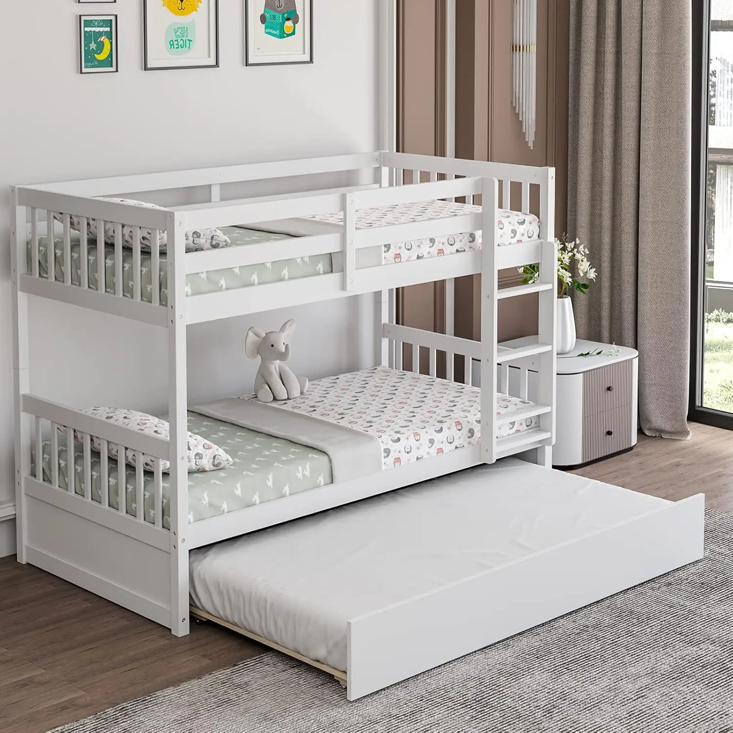 Giantex Twin Over Twin Bunk Bed with Trundle, Convertible Platform Bed Frame with Ladder & Solid Wood Frame, Space-Saving Bunk B