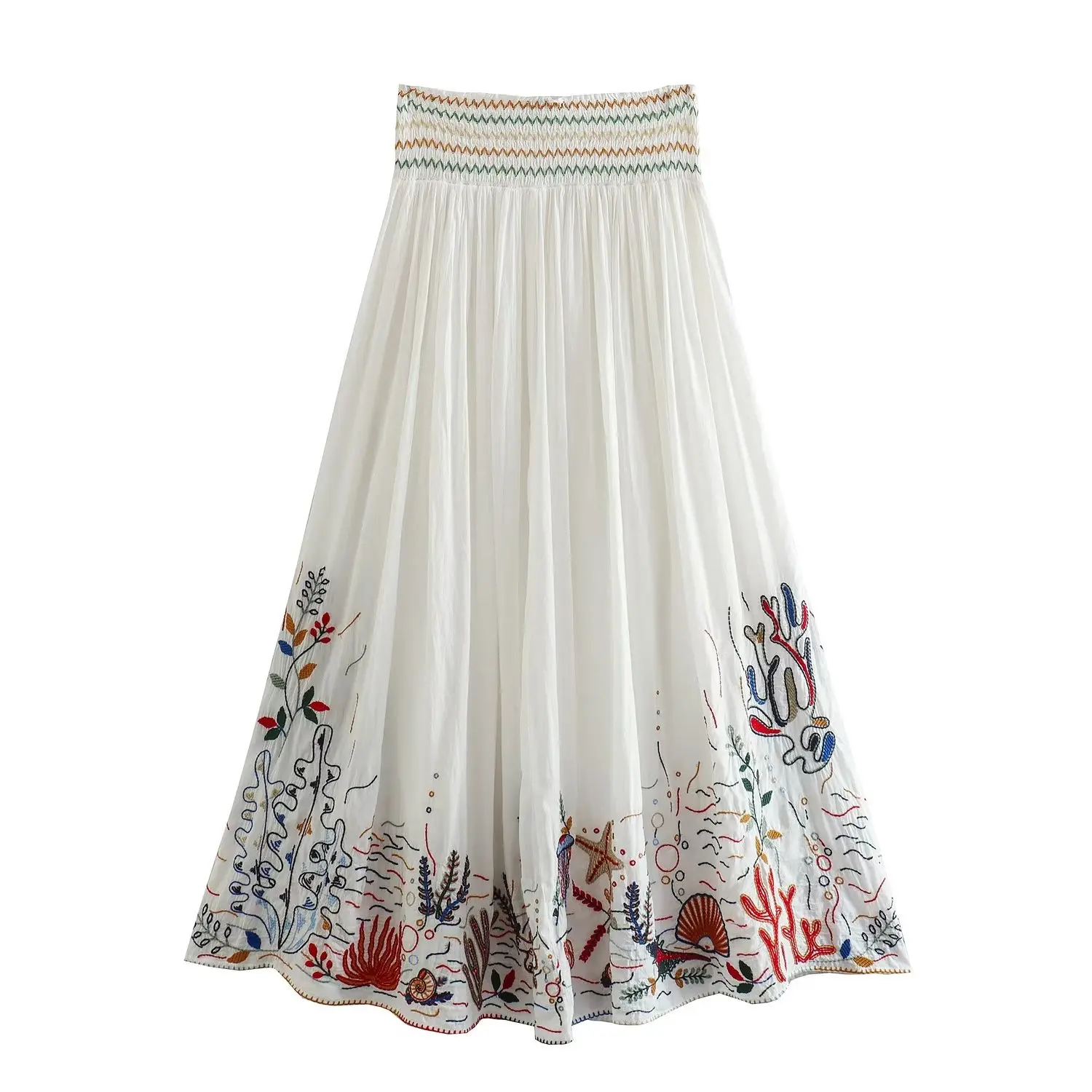 Fashionable Mid-Waist Elastic Waist Cotton Embroidered Midi Skirt Design Women's Maxi Skirt Street Style High Waist A-Line Skirt