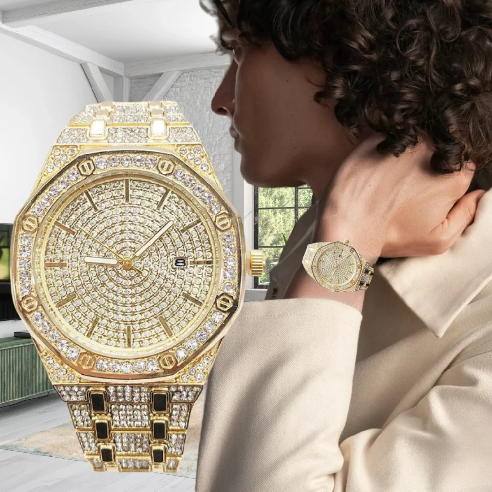 

Original Classic Star Steel Belt Diamond Hip Hop Men's Watch Octagonal Rhinestones Full of Diamonds British Watch for Party