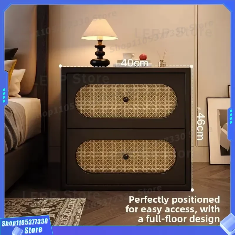 Retro Solid Wood Bedside Table Small Apartment Short Rattan Nightstand Light Luxury Double Drawer Bedroom Storage Furniture