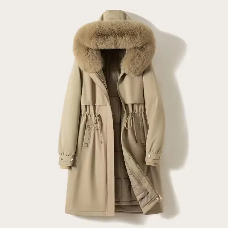 سترة بقلنسوة من الصوف الصلب لعام 2025 بياقة من الفرو معطف دافئ وسميك للثلج ملابس شتوية للنساء سترة مبطنة معطف طويل فضفاض #2