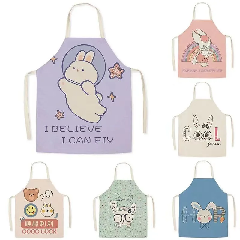 Cute bunny pattern apron linen fabric home adult cleaning anti-oil stain sleeveless bib kitchen cooking baking apron