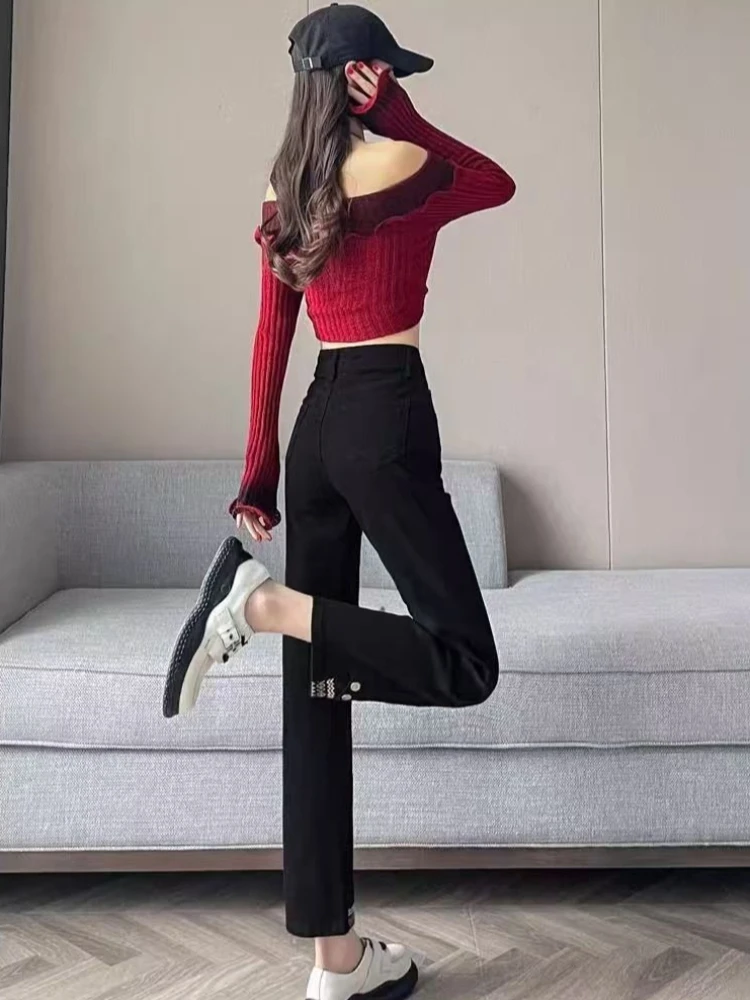 

Slim Fit Cigarette Pants Women's Vintage Denim High-Waisted Ankle Length Stretch Fabric Chinese Embroidery Straight Cut