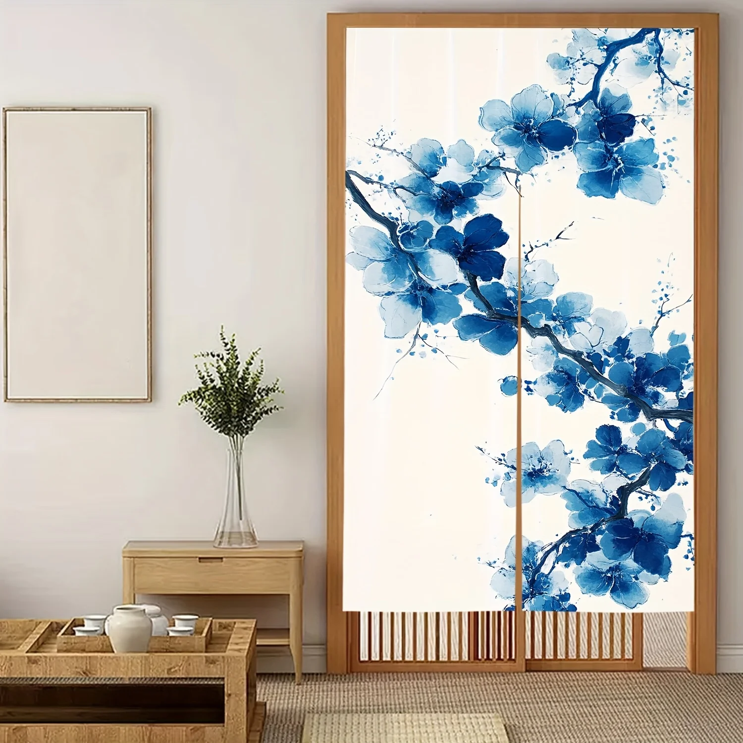 Elegant Blue and White Plum Blossom Door Screen Curtain Panel Japanese Style Room Divider Home Decoration for Entryway