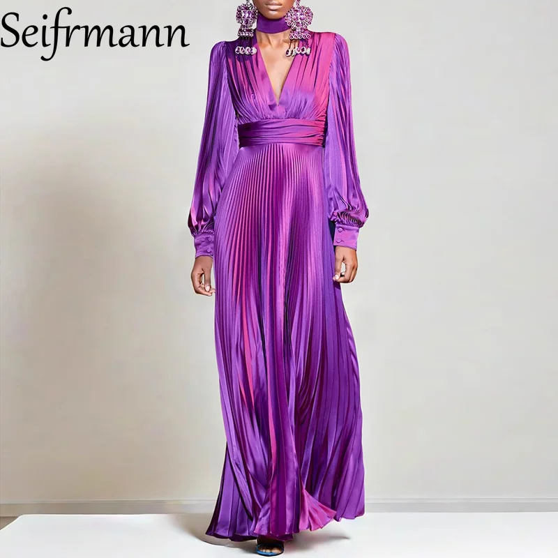 Seifrmann-Vestido largo ajustado con diseño de moda para mujer, vestidos largos empalmados plisados con cuello en V y mangas acampanadas para fiesta y graduación