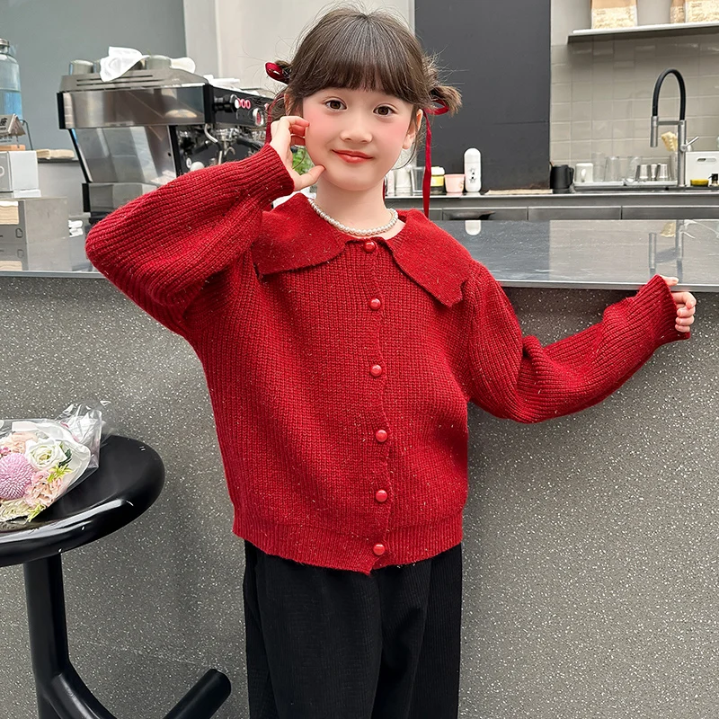 Lente Herfst Kinderen Peter Pan Kraag Rode Trui voor Tweens Meisje Korte Stijl Gebreid Vest Kinderen Casual Knop Truien 4-14Y