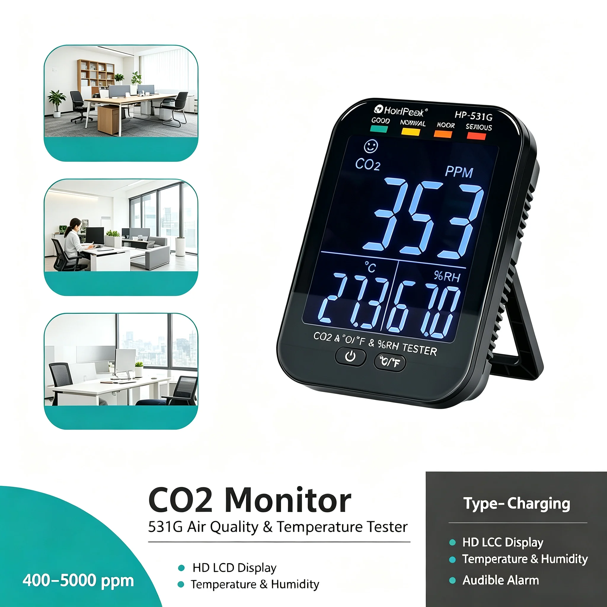 HoldPeak Smart Air Quality Monitor NDIR Carbon Dioxide Meter WiFi App Temp Humidity Alarm CO2 Detector for Indoor Greenhouse