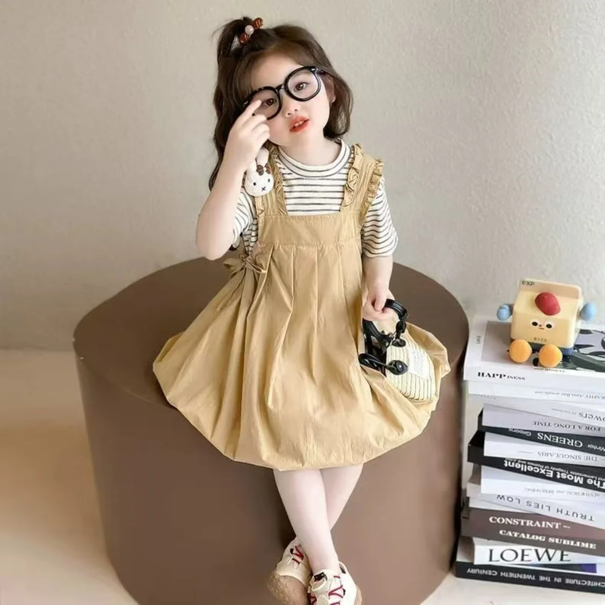 Girls' Summer Set 2025 New Style Children's Stylish Baby Short sleeved Strap Skirt Two piece Set 90-140CM