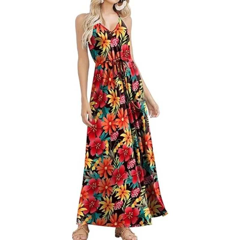 

Women's Summer Sleeveless V-Neck Spaghetti Strap Pockets Beach Bohemian Resort Casual Spring Maxi Dress