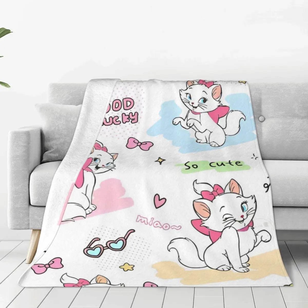 Marie Cat Cartoon Flannel Blanket Super Warm Bedding Throws for Couch Chair Travel Novelty Bedspread Sofa Bed Cover