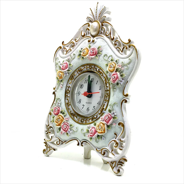 European-Style Bedroom Desk Pendulum Clock,Idyllic Alarm Clock, Resin Engraved Digital Clock
