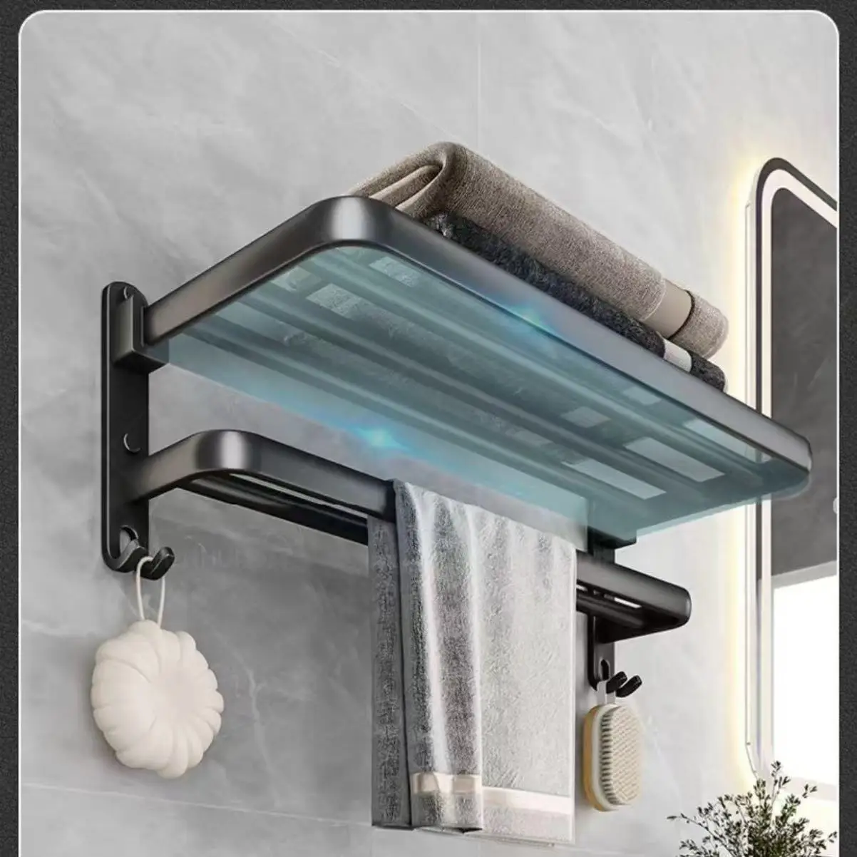 

Matte Black 50CM Folding Holder With Hook Towel Holder Wall Mount AluminumTowel Rack JJ0501