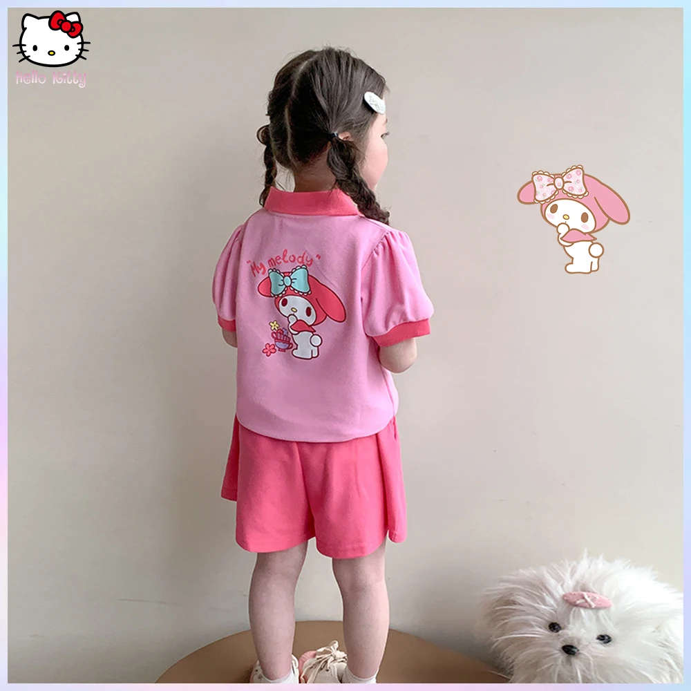 

2Pcs Sanrio Cartoon Kuromi Melody Children T-Shirt Shorts Set Anime Kawaii 2005 New Fashion Casual Lapel Short Sleeve Sports Set