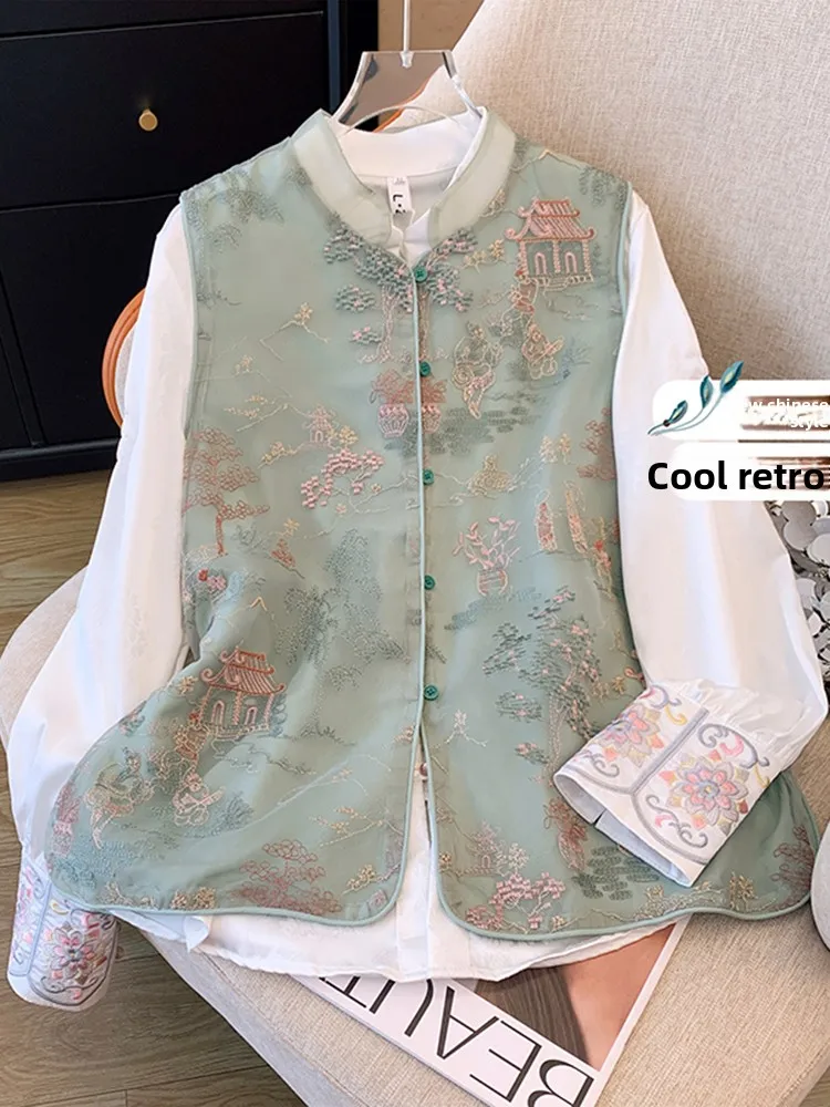 

Новый китайский тюлевой жилет с вышивкой в европейском стиле, женский весенне-летний топ с воротником-стойкой и элитным ощущением