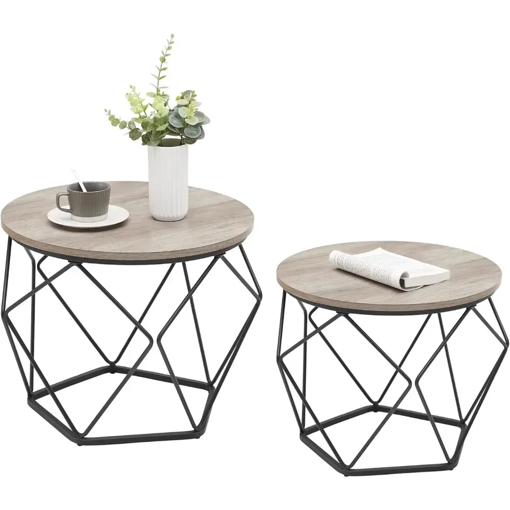 Small Coffee Table Set of 2, Round Coffee Table with Steel Frame, Side End Table for Living Room, Bedroom, Office