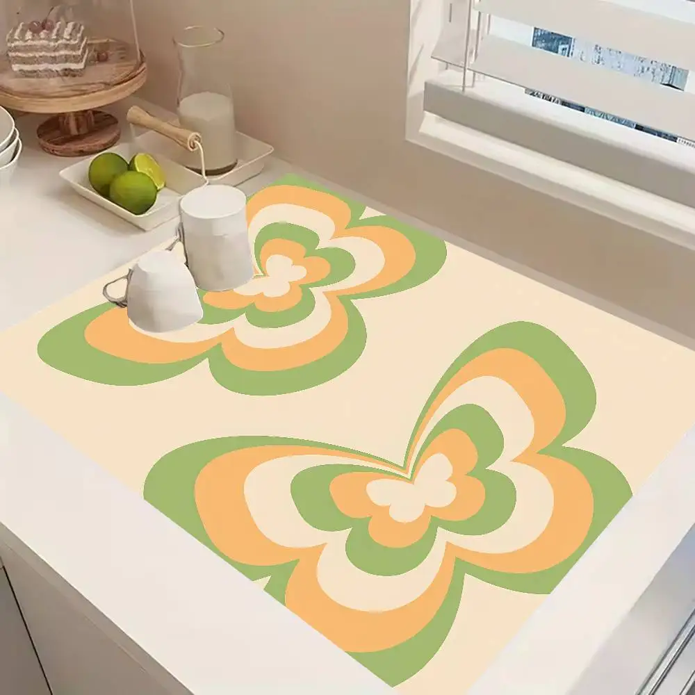 Retro Butterfly Dish Drying Mat Gradient Pink Purple Navy Swirl Absorbent Kitchen Counter Pad for Cute Aesthetic Decor