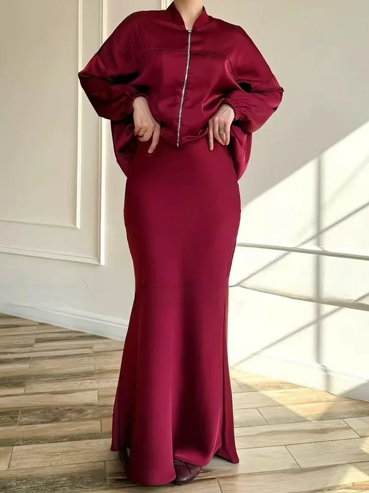 

Spring and Autumn new women's fashionable high-end solid color satin long sleeved jacket+half skirt set