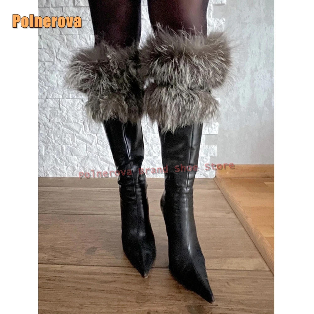 

Fur Belt Buckle Sexy Knee High Boots Pointed Toe Stiletto Patchwork Side Zip Spicy Girl Fashion Long Boots 2025 Winter Shoes