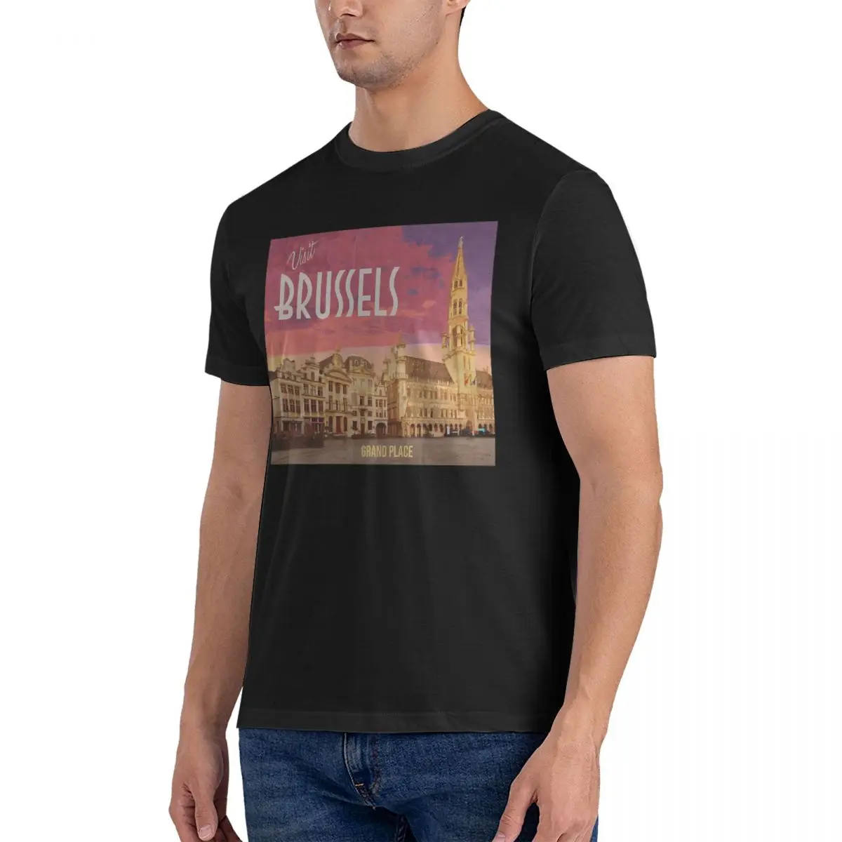 Men T-Shirts Belgium Vintage Looking Grand Place Brussels Tapestry Vintage Pure Cotton Tees Short Sleeve Europe T Shirts Tops