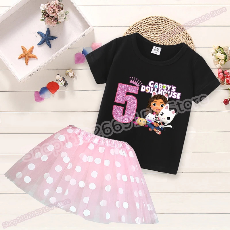 Kawaii Gabby Dollhouses Girls Birthday Party Odzież dla dzieci Cartoon Cute T-shirt Skirt Set Summer Children Anime Casual Suit Gift