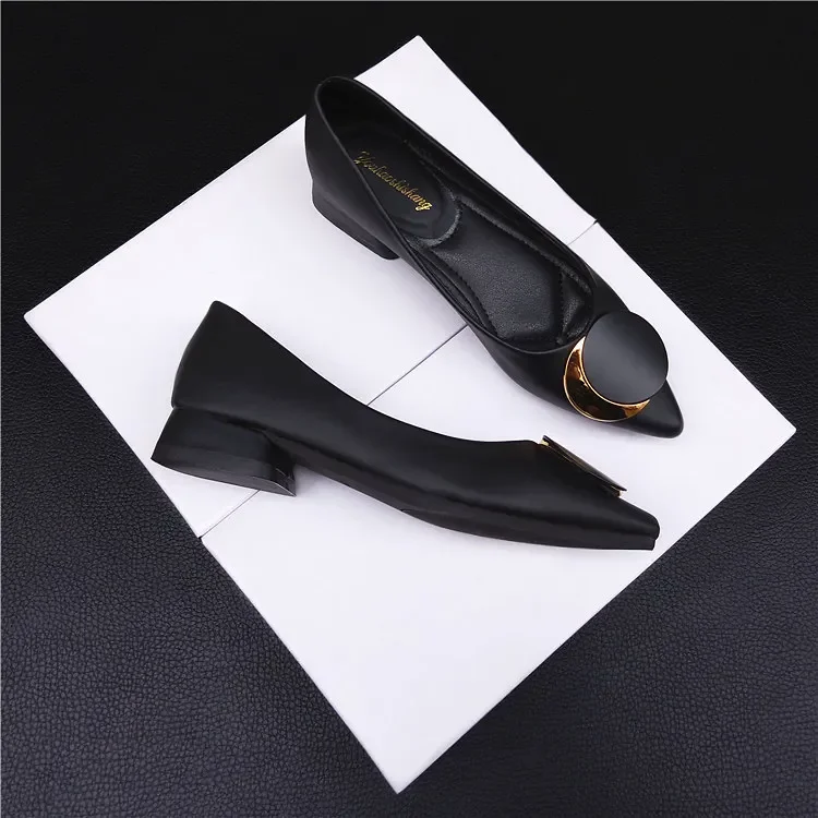 New Medium Heel Single Shoes Women's Versatile Pointed Head Shallow Mouth Flat Bottom Soft Leather Black 5283