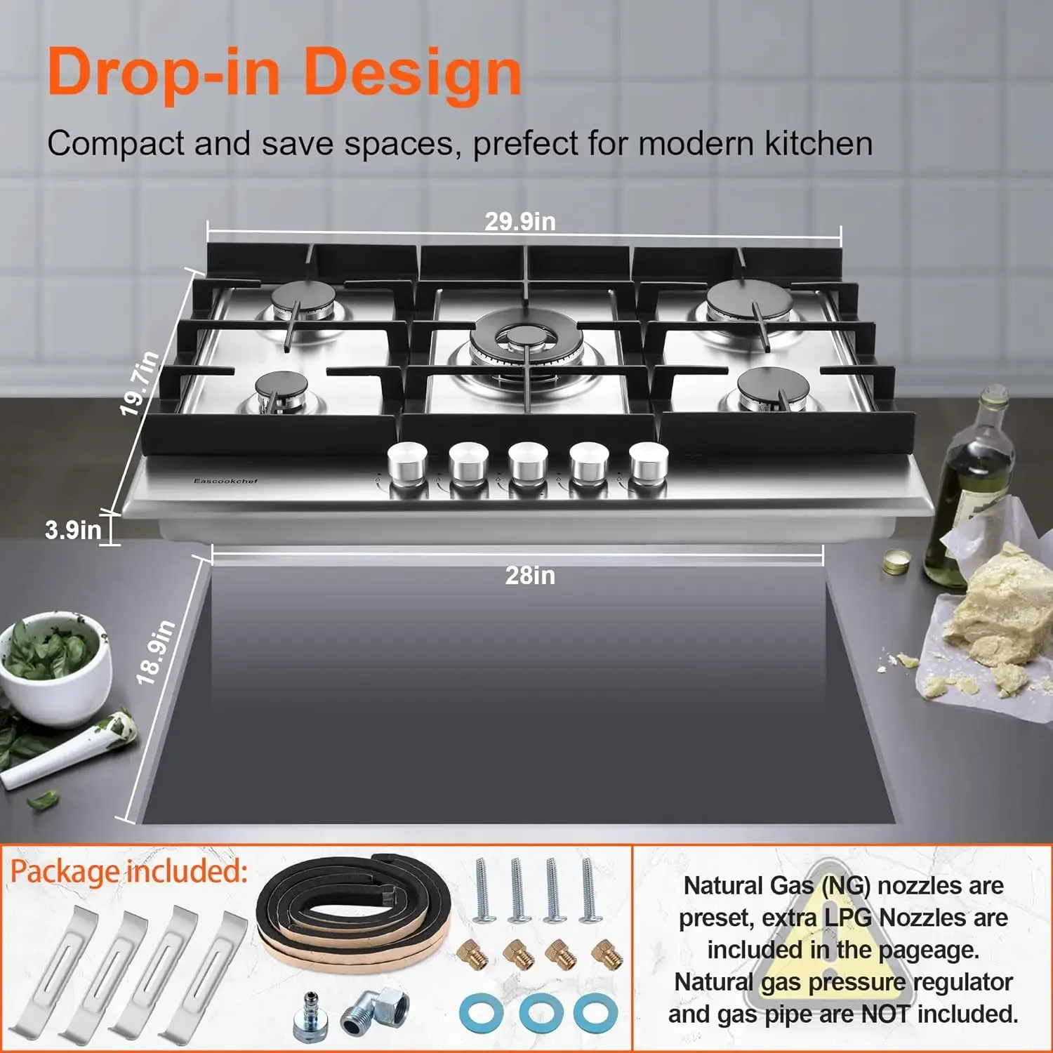 Estufa de gas de 30 pulgadas, estufa de gas con 5 quemadores de alta eficiencia, placa de gas de acero inoxidable incorporada para cocina, convertido NG/GLP