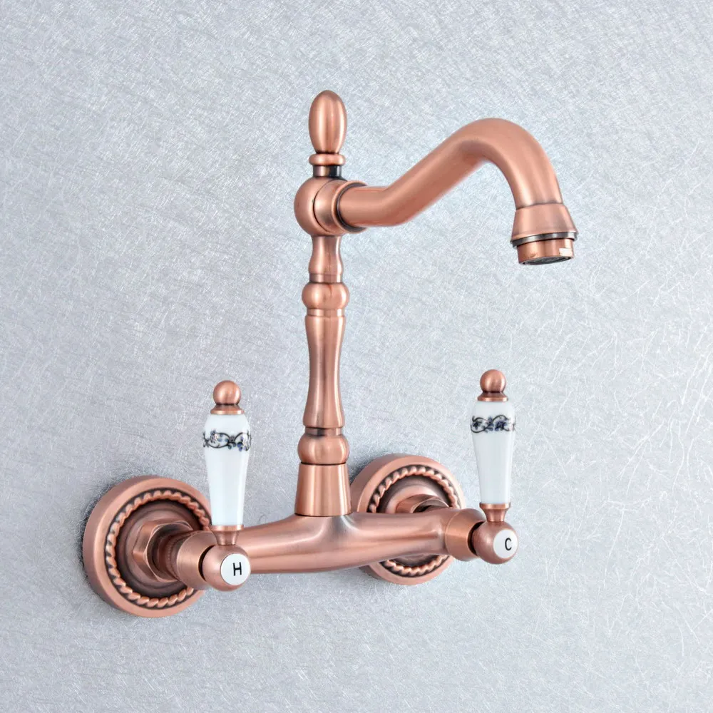 

Antique Red Copper Swivel Spout Kitchen Sink Faucet Wall Mounted Bathroom Basin Cold Hot Water Taps Dsf874