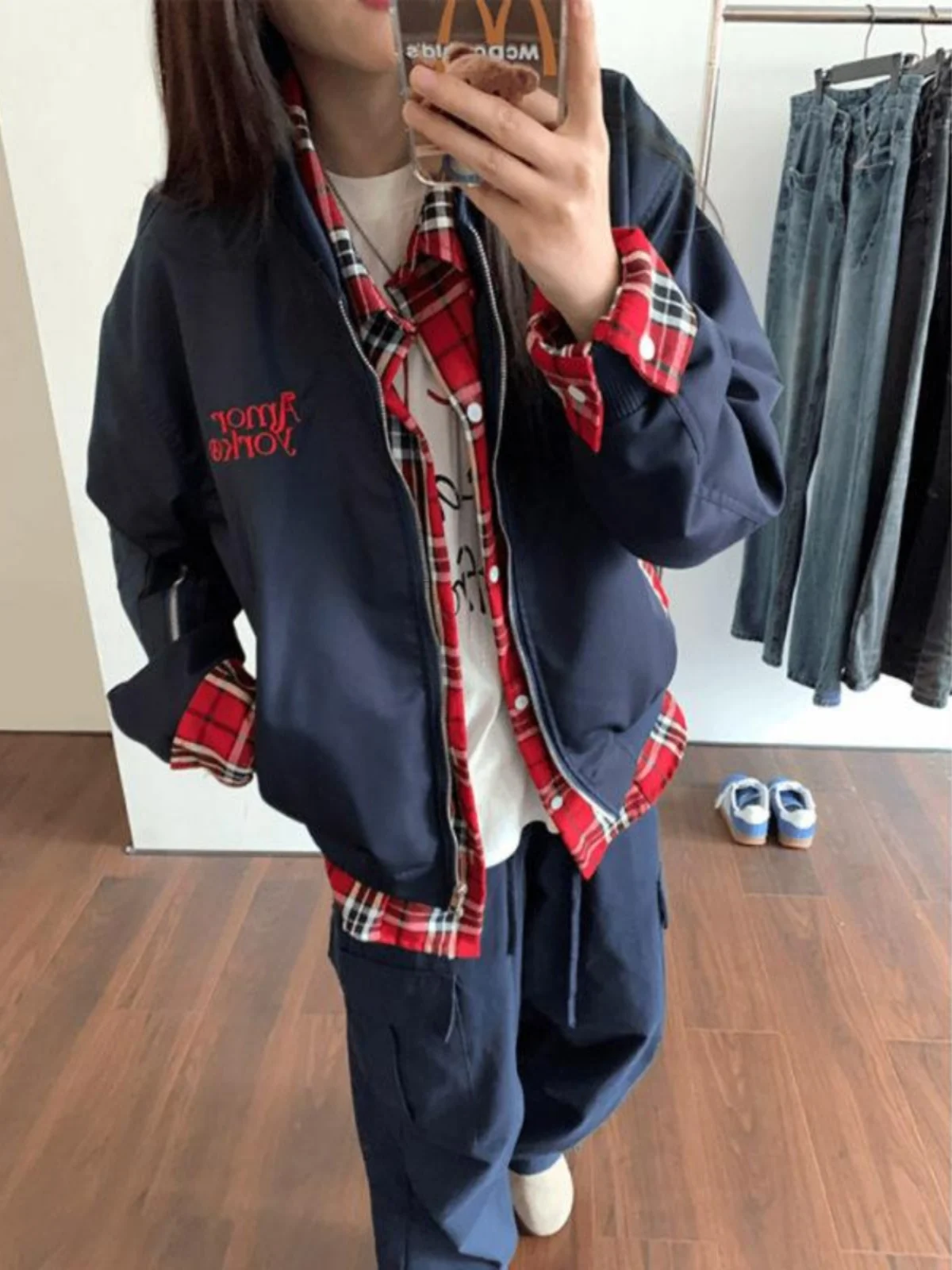 

American Sle Embroidered Fake Two-Piece Jaet Men's Spring Autumn Plaid Baseball Coat Trendy Brand Couple College Sle