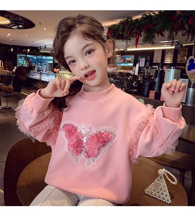 Herbst Kinder Mädchen Sweatshirts Schwestern Partnerlook Baumwollkleidung Pailletten Schmetterling Rüschenbesatz Langarm Rundhals Pullover Tops – Detail 8