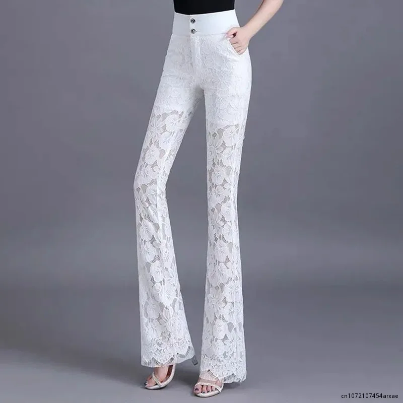 

2023 White Lace Women Flared Pants Summer New Korean Version High Waist Pants Thin Slim Fit Female Temperament Black Trousers