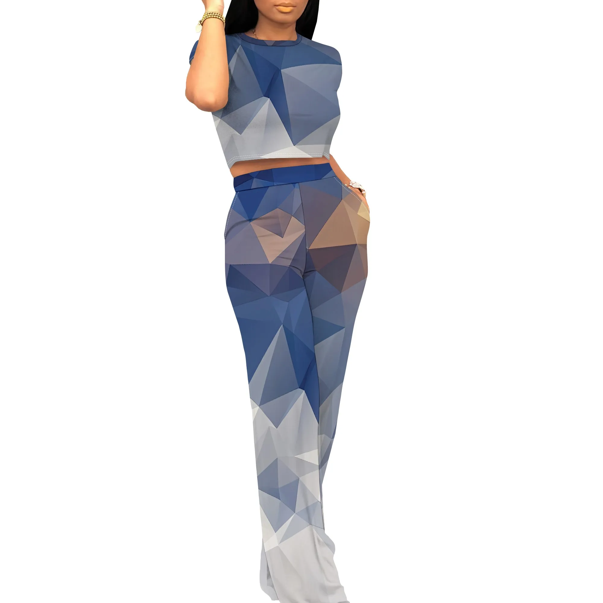 Nupusa 기하학 프린트 여성용 2 피스 세트 표준 사이즈 여름 캐주얼 크루 넥 반소매 의상