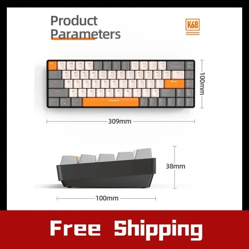

Новая беспроводная игровая механическая клавиатура K68 2,4G/BT5.0, 68 клавиш, мини-игровая механическая клавиатура с возможностью горячей замены, колпачки для клавиш из ПБТ, 65% клавиатуры