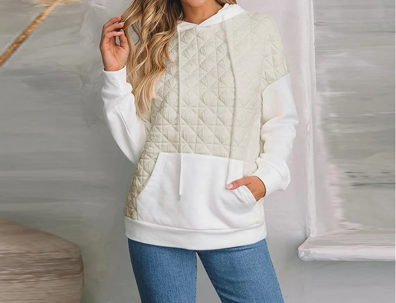 2025 Autumn New Color Blocked Hooded Long Sleeved Top for Women's Casual Versatile Drawstring Shoulder Sweatshirt for Women