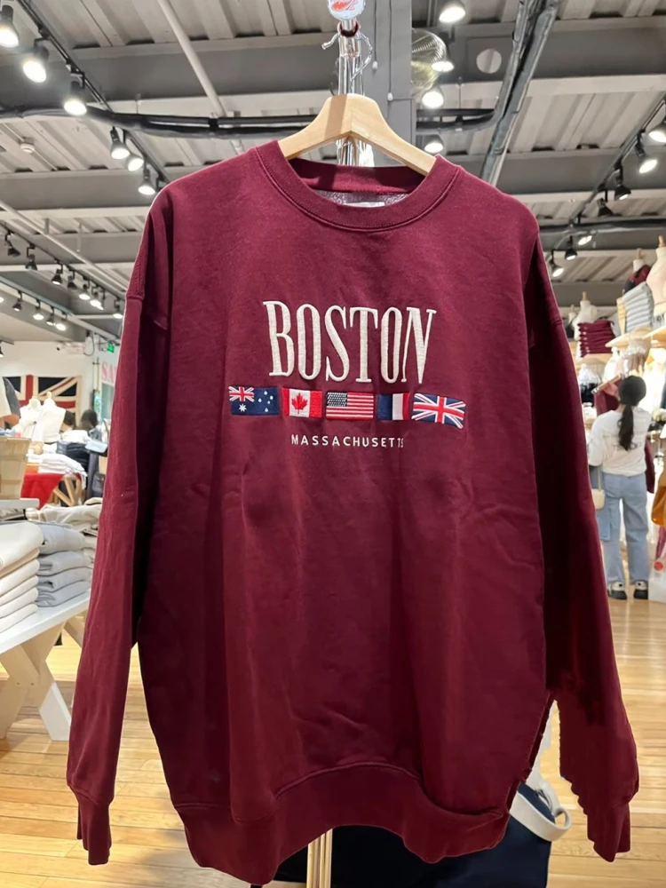 Casual Women Red Sweatshirts 2023 Fall Vintage O Neck Long Sleeves BOSTON And Flag Embroidery Sweaters Female Loose Pullovers