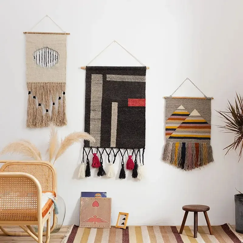 Macrame Wool Wall Hanging, Handmade Woven Tapestry for Living Room, Boho Bedroom Decor with Fringe, Natural Art for Apartment
